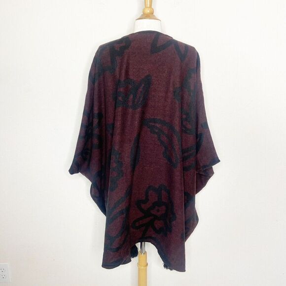 Cleobella Fringe Trim Burgundy Floral Poncho Wrap Cardigan O/S - Picture 11 of 14